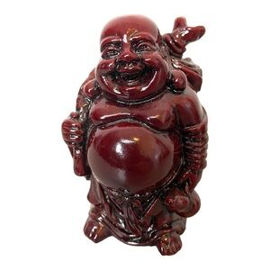 Vintage Red Resin Traveling Laughing Buddha Standing Ornament 3.5”x2.75”x3”